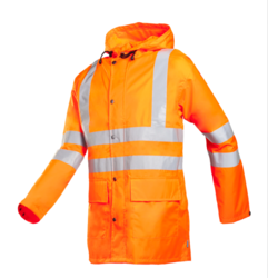 VESTE DE PLUIE HAUTE VISIBILITE MONORAI ORANGE FLUO + MARQUAGE COEUR LOGO COULEUR ET SOUS NUQUE LOGO LETTRAGE ESV 1 COULEUR + LOGO FCC